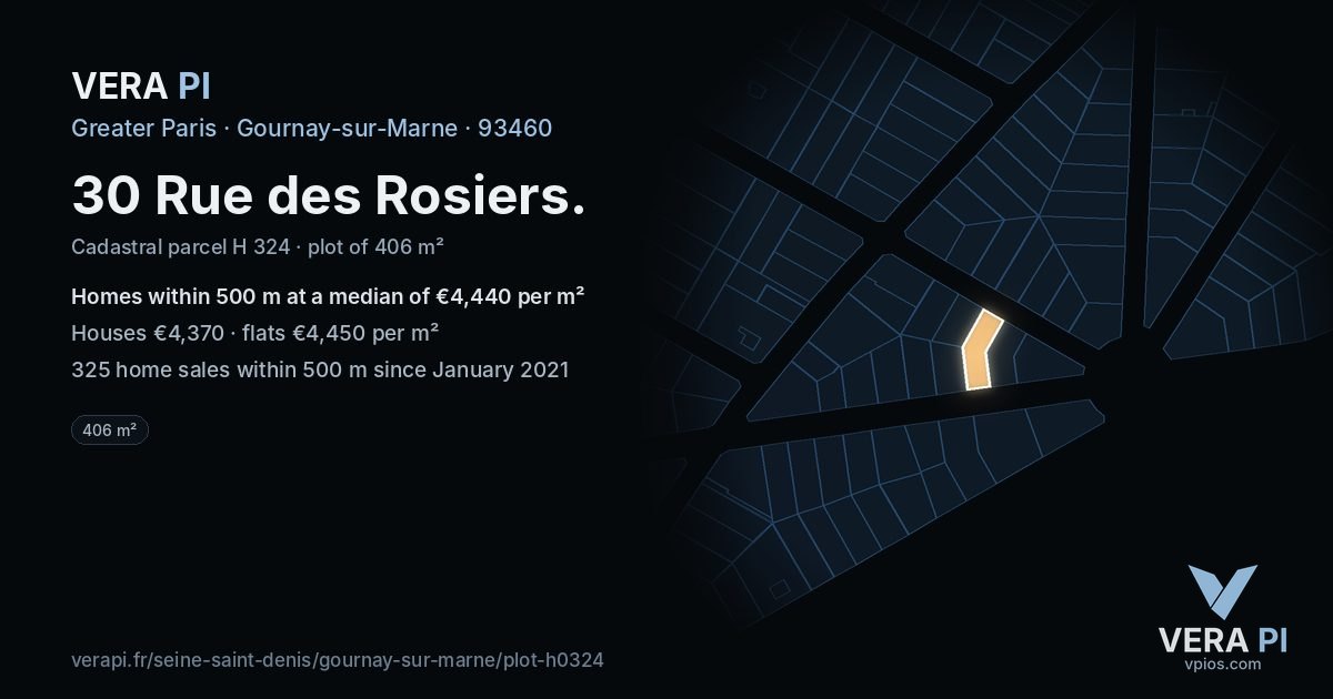 30 Rue des Rosiers, Gournay-sur-Marne at night – the plot lit, the parcels around coloured by the prices near them