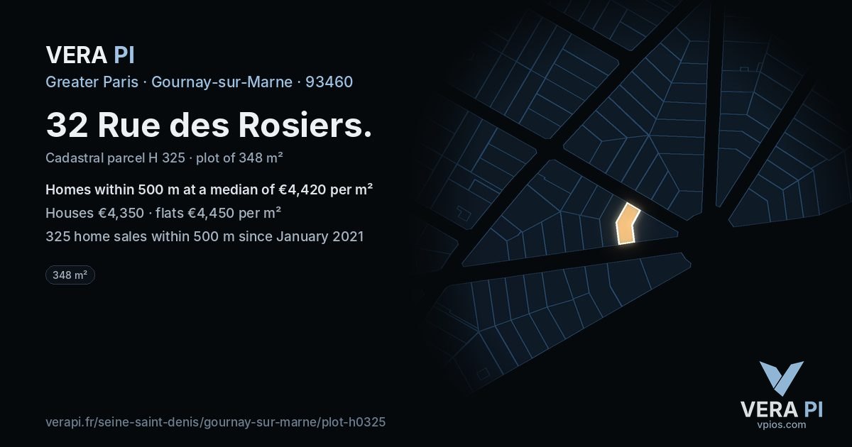 32 Rue des Rosiers, Gournay-sur-Marne at night – the plot lit, the parcels around coloured by the prices near them