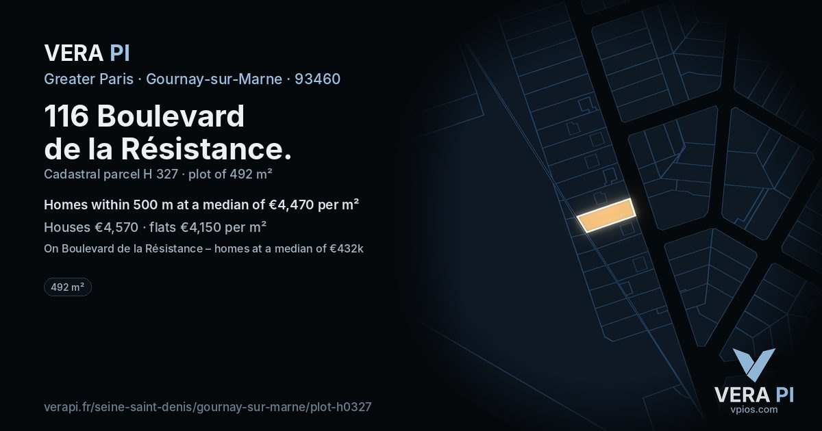 116 Boulevard de la Résistance, Gournay-sur-Marne at night – the plot lit, the parcels around coloured by the prices near them