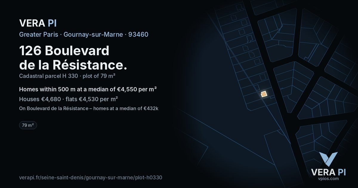 126 Boulevard de la Résistance, Gournay-sur-Marne at night – the plot lit, the parcels around coloured by the prices near them