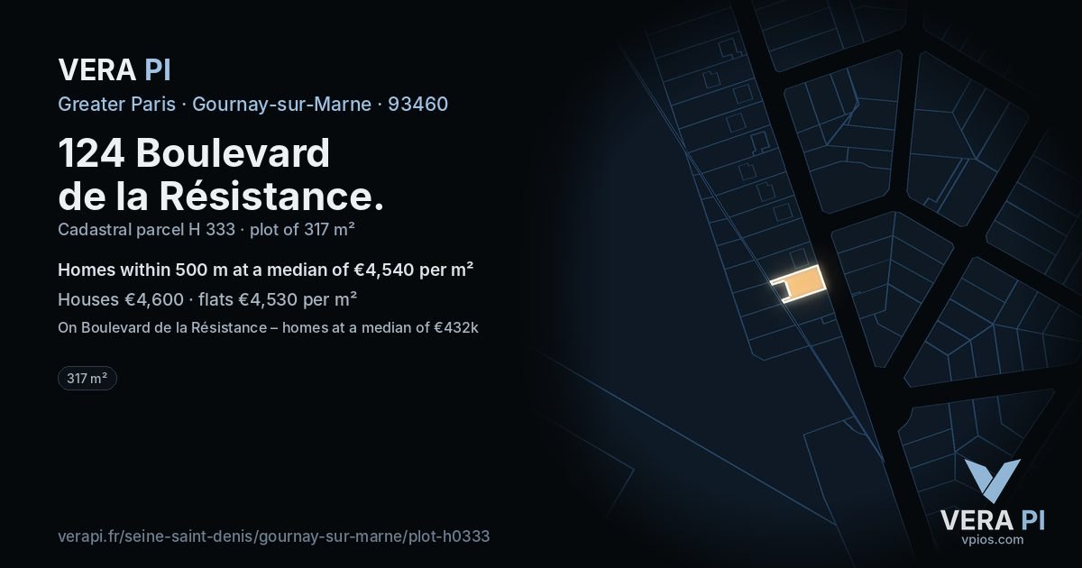 124 Boulevard de la Résistance, Gournay-sur-Marne at night – the plot lit, the parcels around coloured by the prices near them