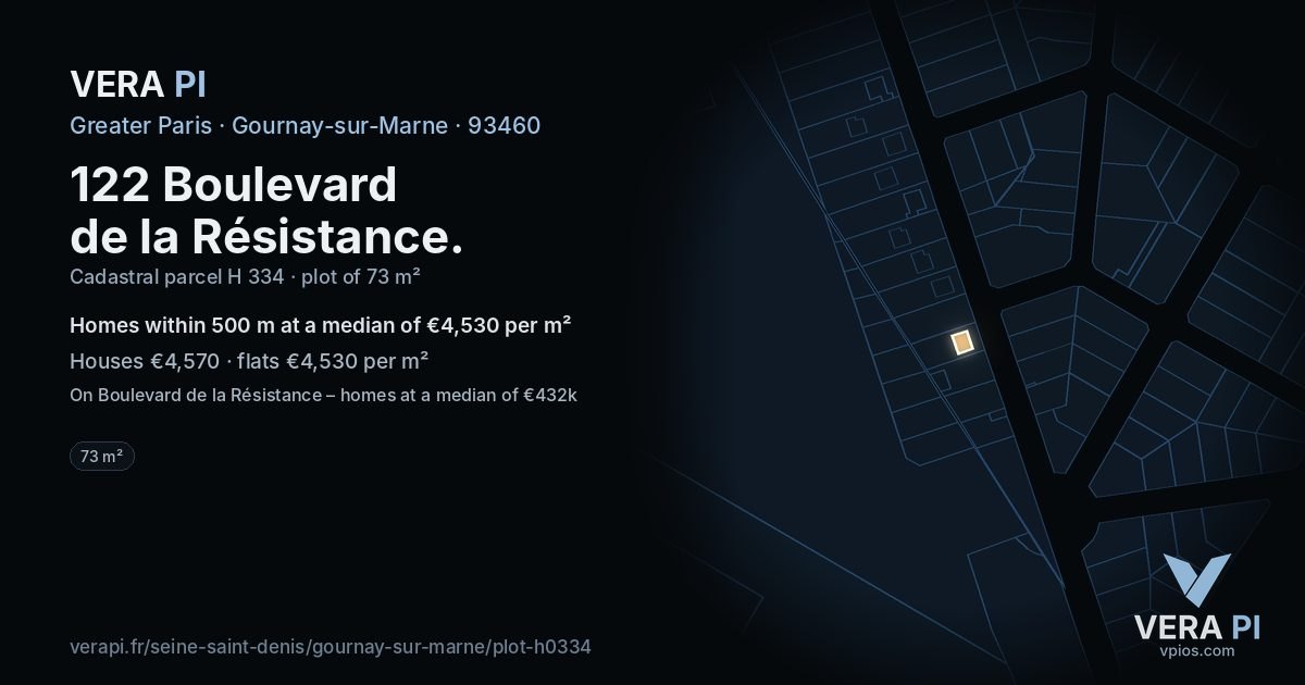 122 Boulevard de la Résistance, Gournay-sur-Marne at night – the plot lit, the parcels around coloured by the prices near them