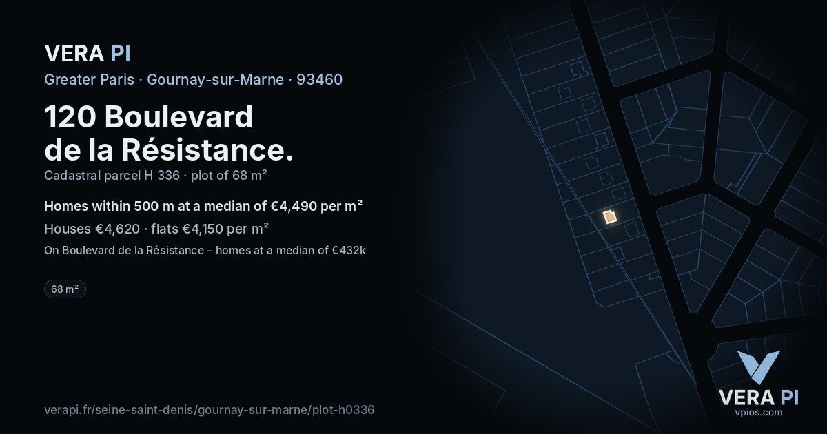 120 Boulevard de la Résistance, Gournay-sur-Marne at night – the plot lit, the parcels around coloured by the prices near them