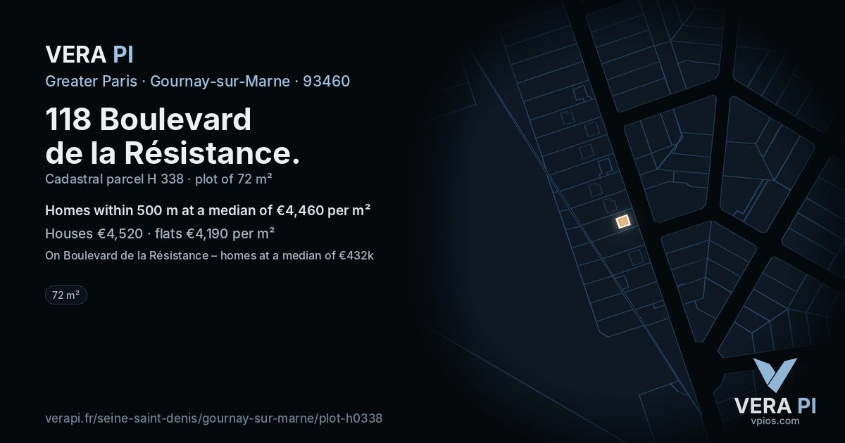 118 Boulevard de la Résistance, Gournay-sur-Marne at night – the plot lit, the parcels around coloured by the prices near them