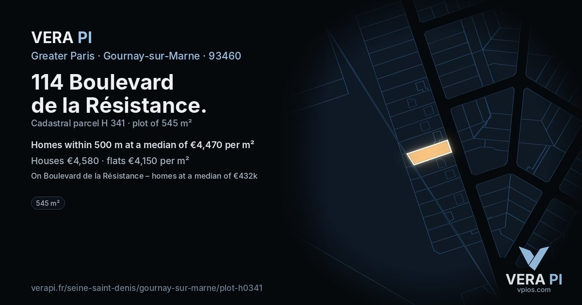 114 Boulevard de la Résistance, Gournay-sur-Marne at night – the plot lit, the parcels around coloured by the prices near them