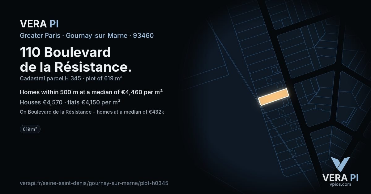 110 Boulevard de la Résistance, Gournay-sur-Marne at night – the plot lit, the parcels around coloured by the prices near them