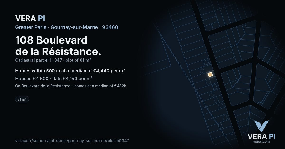 108 Boulevard de la Résistance, Gournay-sur-Marne at night – the plot lit, the parcels around coloured by the prices near them