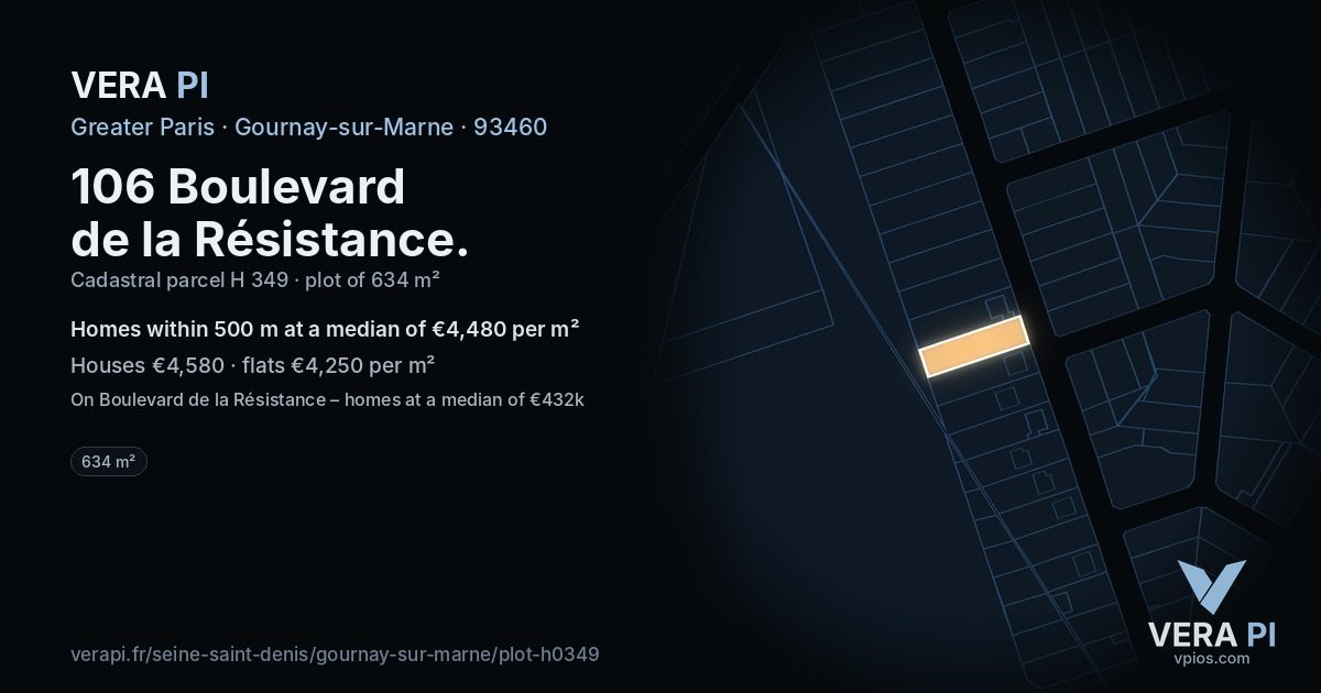 106 Boulevard de la Résistance, Gournay-sur-Marne at night – the plot lit, the parcels around coloured by the prices near them