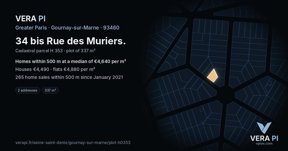 34 bis Rue des Muriers, Gournay-sur-Marne at night – the plot lit, the parcels around coloured by the prices near them