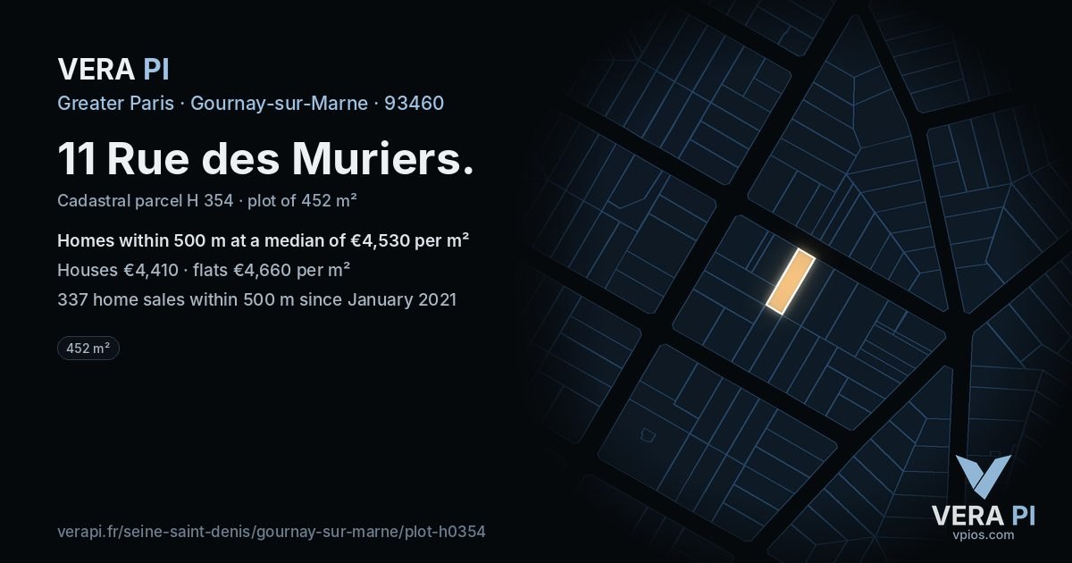 11 Rue des Muriers, Gournay-sur-Marne at night – the plot lit, the parcels around coloured by the prices near them