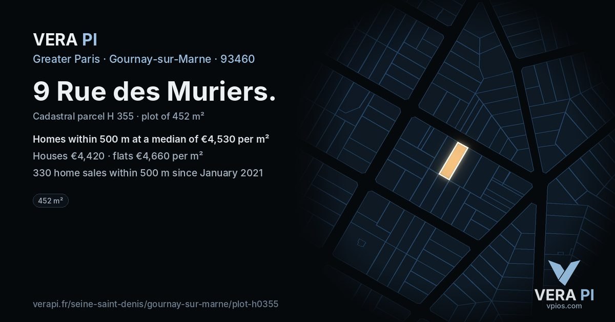 9 Rue des Muriers, Gournay-sur-Marne at night – the plot lit, the parcels around coloured by the prices near them