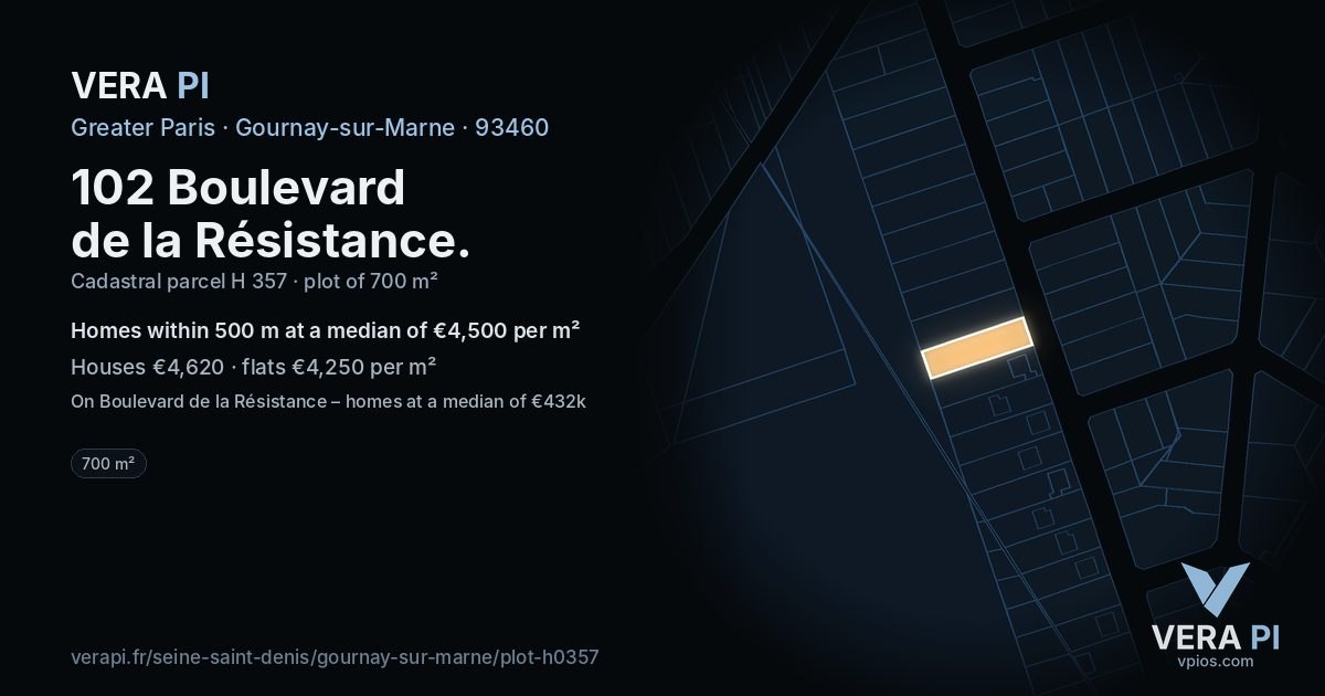 102 Boulevard de la Résistance, Gournay-sur-Marne at night – the plot lit, the parcels around coloured by the prices near them