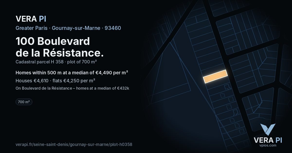 100 Boulevard de la Résistance, Gournay-sur-Marne at night – the plot lit, the parcels around coloured by the prices near them