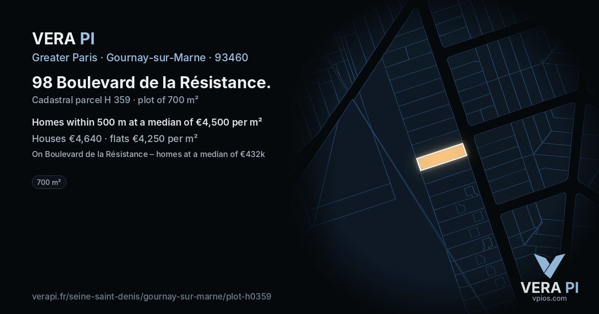 98 Boulevard de la Résistance, Gournay-sur-Marne at night – the plot lit, the parcels around coloured by the prices near them