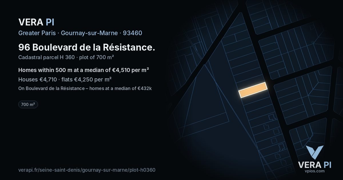 96 Boulevard de la Résistance, Gournay-sur-Marne at night – the plot lit, the parcels around coloured by the prices near them