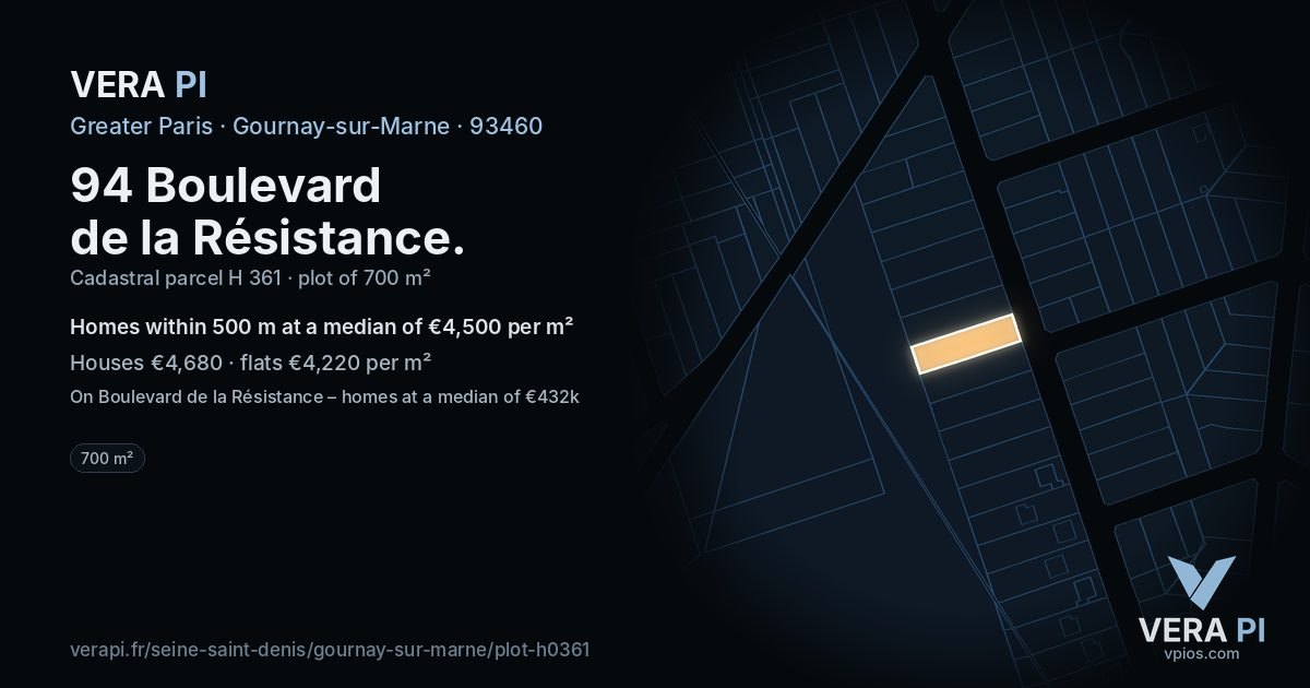 94 Boulevard de la Résistance, Gournay-sur-Marne at night – the plot lit, the parcels around coloured by the prices near them