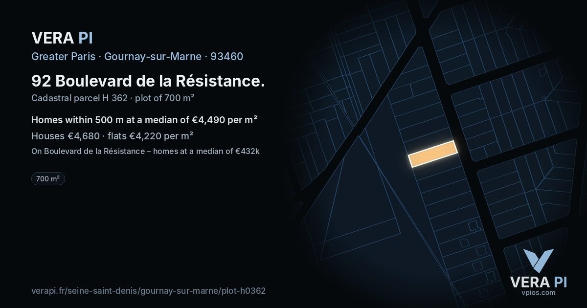 92 Boulevard de la Résistance, Gournay-sur-Marne at night – the plot lit, the parcels around coloured by the prices near them