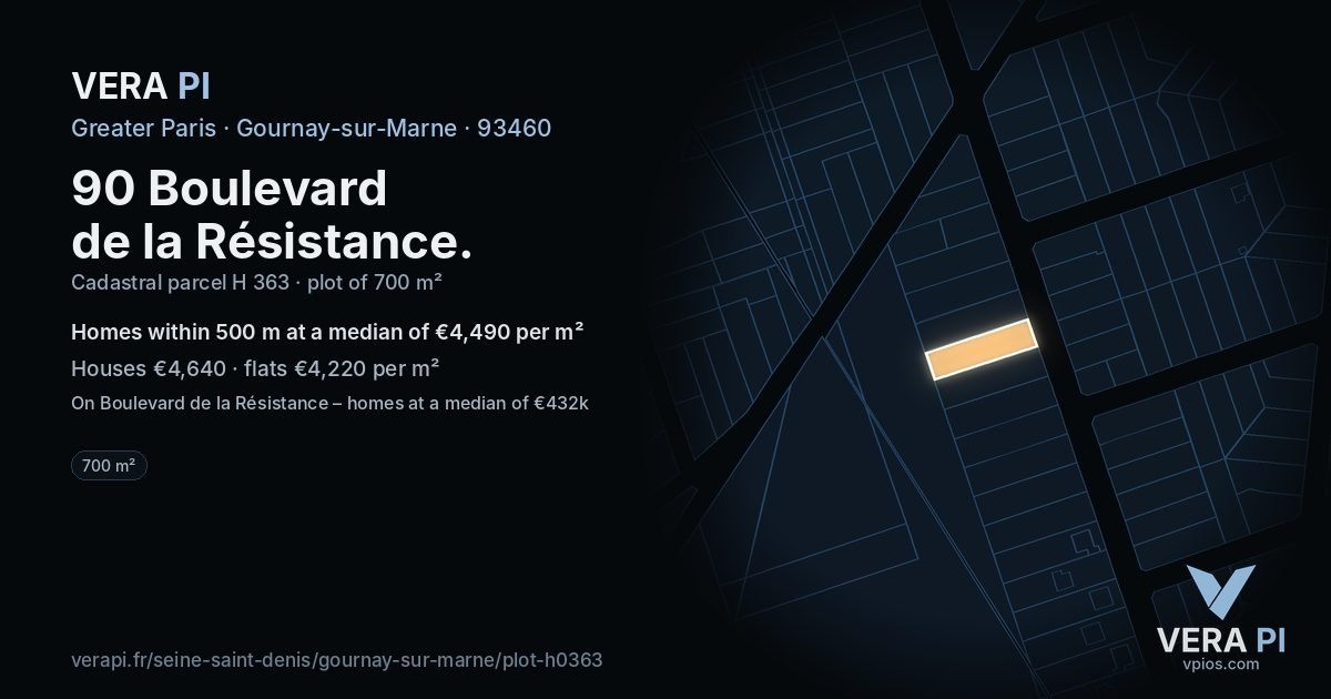 90 Boulevard de la Résistance, Gournay-sur-Marne at night – the plot lit, the parcels around coloured by the prices near them