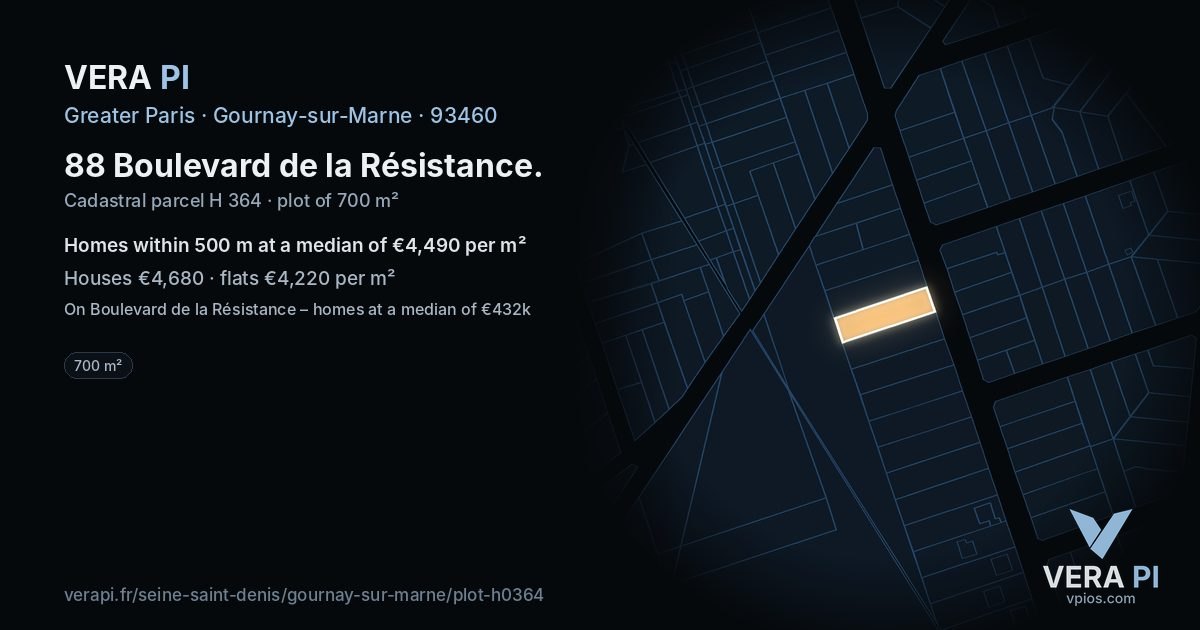 88 Boulevard de la Résistance, Gournay-sur-Marne at night – the plot lit, the parcels around coloured by the prices near them