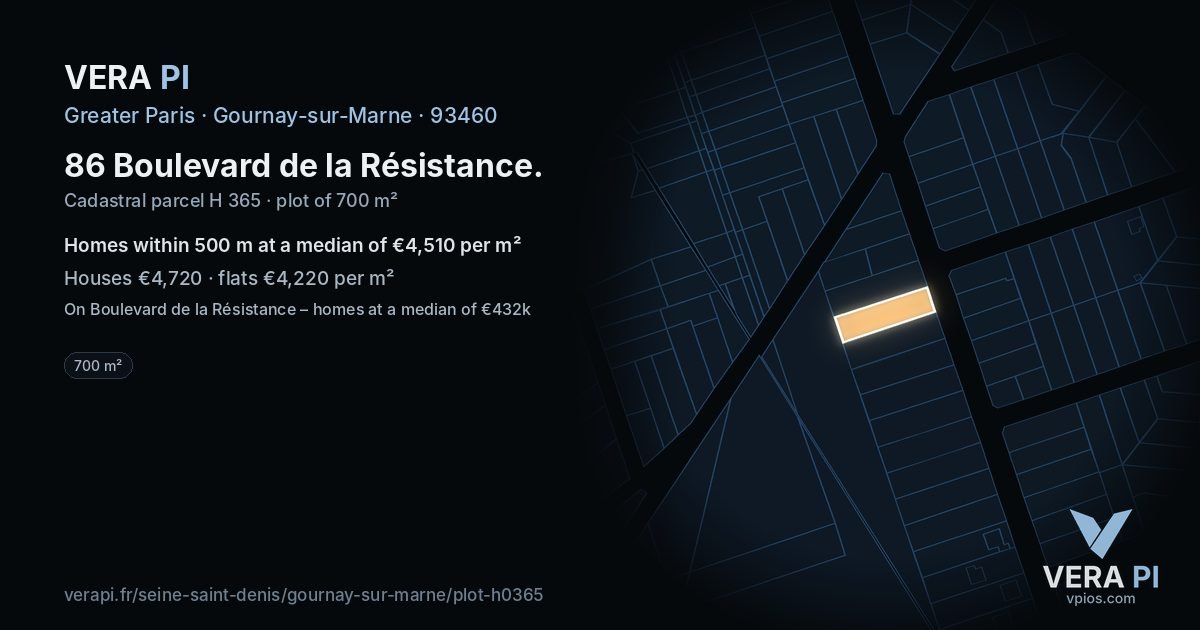 86 Boulevard de la Résistance, Gournay-sur-Marne at night – the plot lit, the parcels around coloured by the prices near them