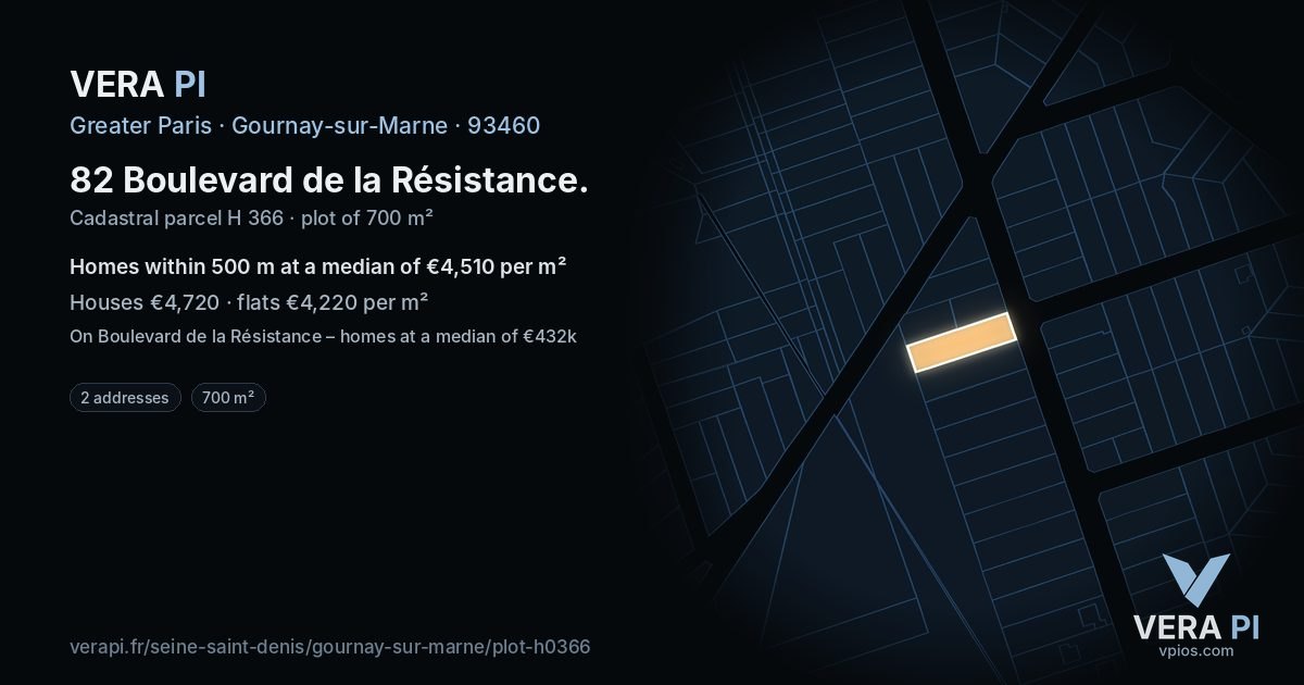 82 Boulevard de la Résistance, Gournay-sur-Marne at night – the plot lit, the parcels around coloured by the prices near them