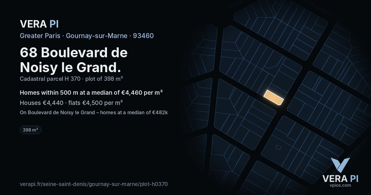 68 Boulevard de Noisy le Grand, Gournay-sur-Marne at night – the plot lit, the parcels around coloured by the prices near them