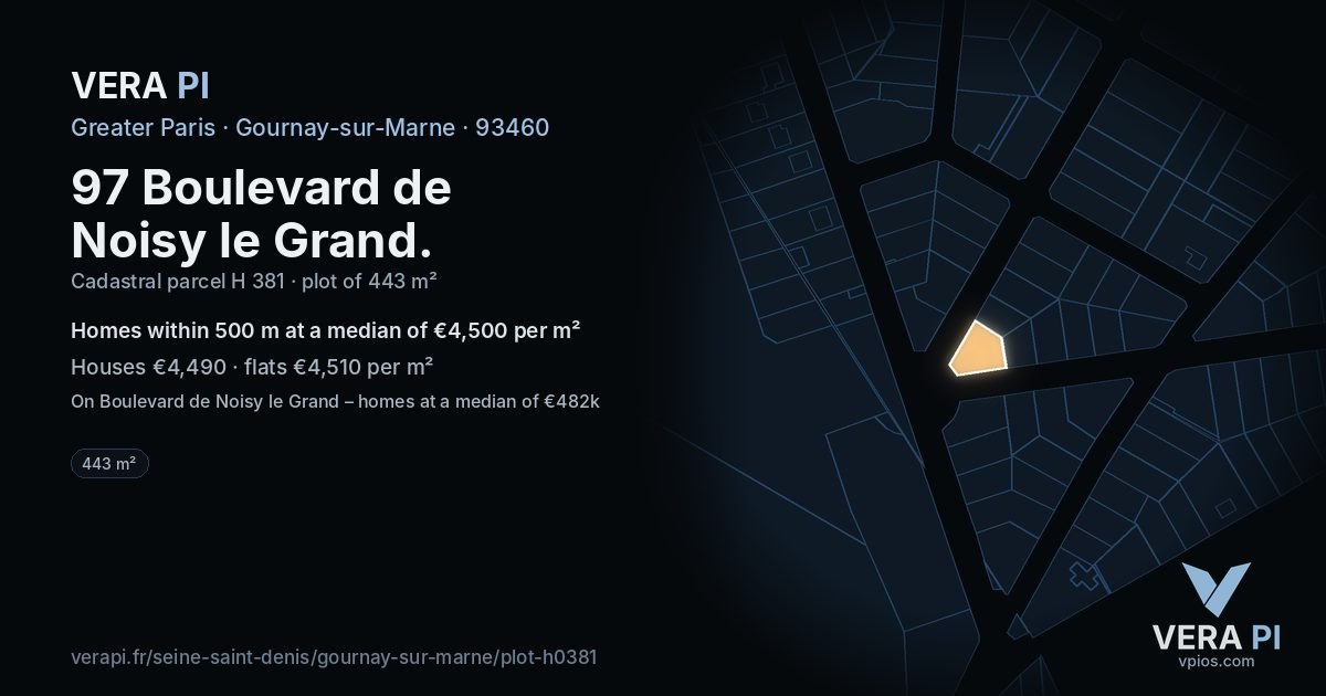 97 Boulevard de Noisy le Grand, Gournay-sur-Marne at night – the plot lit, the parcels around coloured by the prices near them