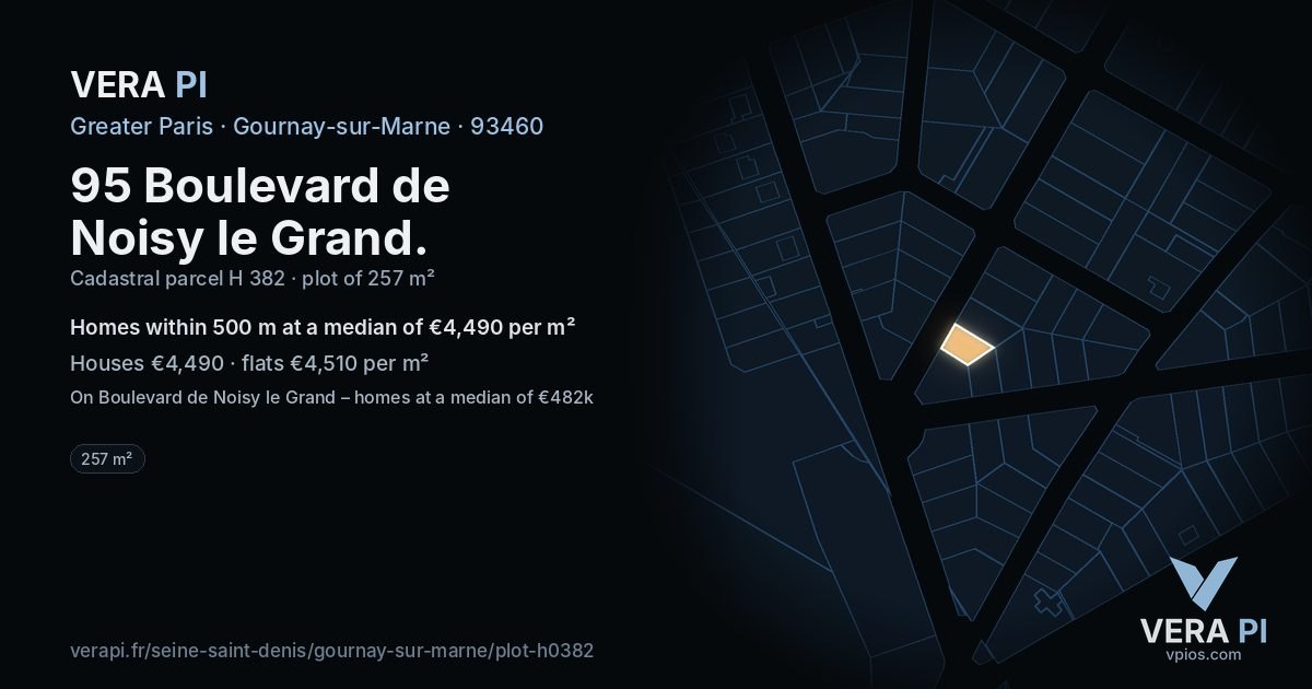 95 Boulevard de Noisy le Grand, Gournay-sur-Marne at night – the plot lit, the parcels around coloured by the prices near them