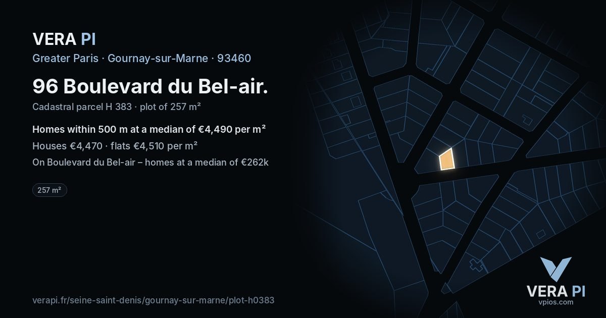 96 Boulevard du Bel-air, Gournay-sur-Marne at night – the plot lit, the parcels around coloured by the prices near them