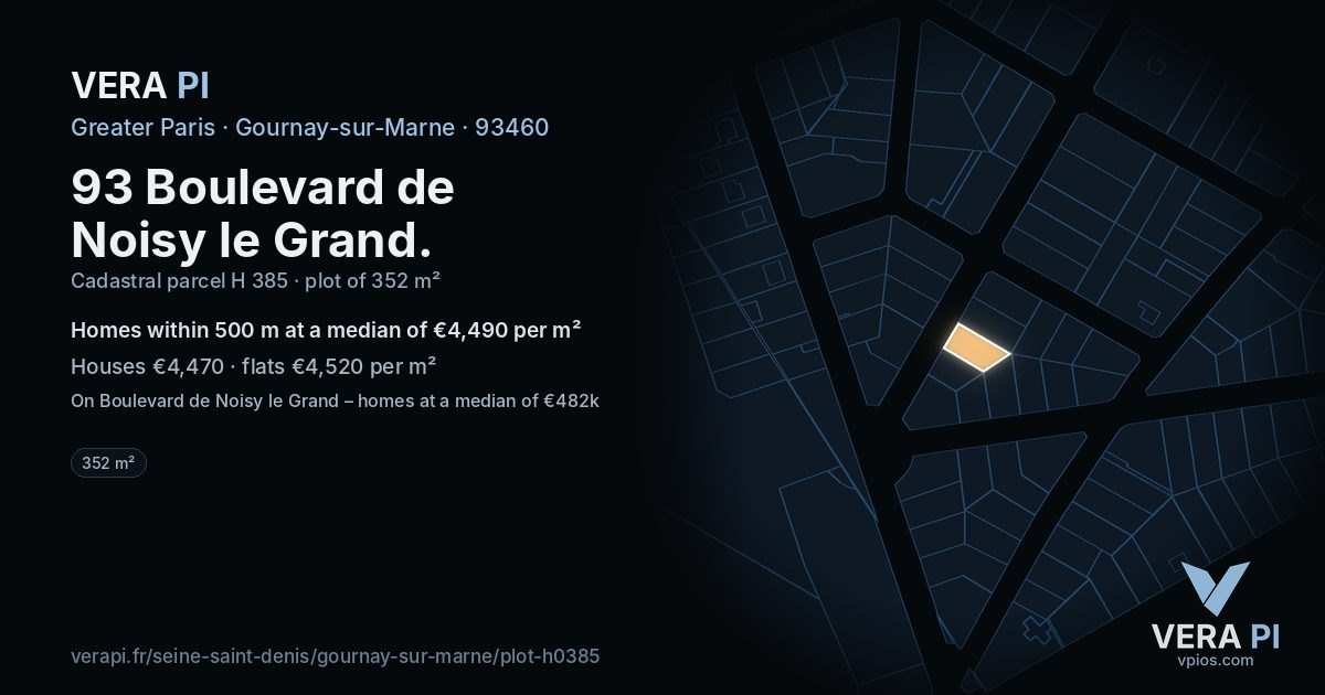 93 Boulevard de Noisy le Grand, Gournay-sur-Marne at night – the plot lit, the parcels around coloured by the prices near them