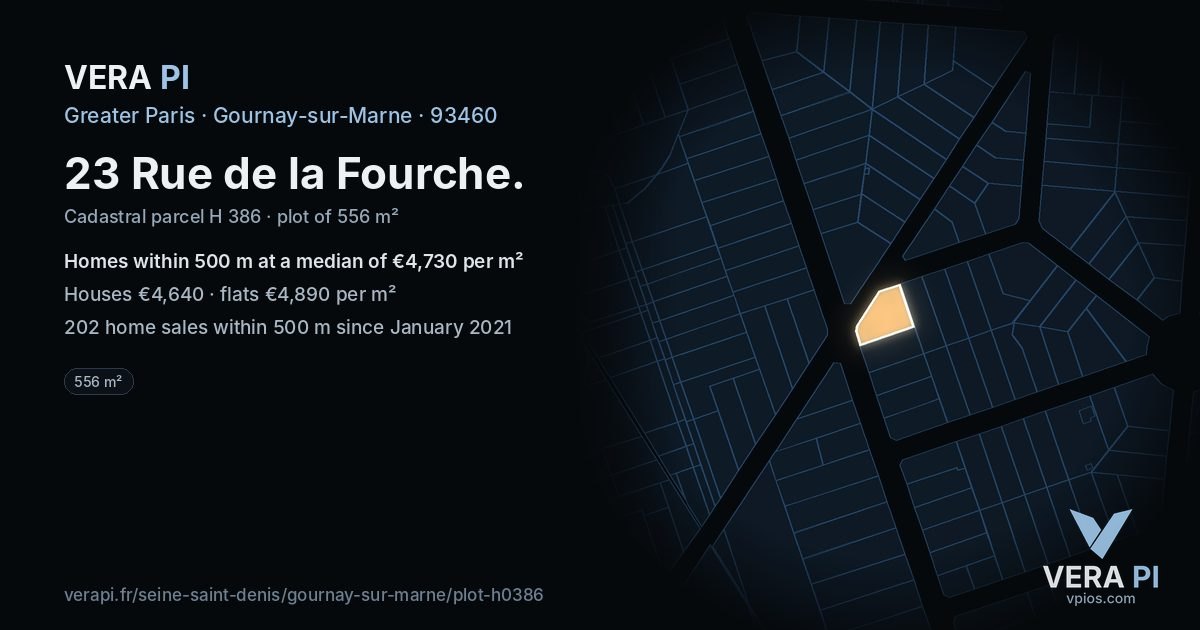 23 Rue de la Fourche, Gournay-sur-Marne at night – the plot lit, the parcels around coloured by the prices near them