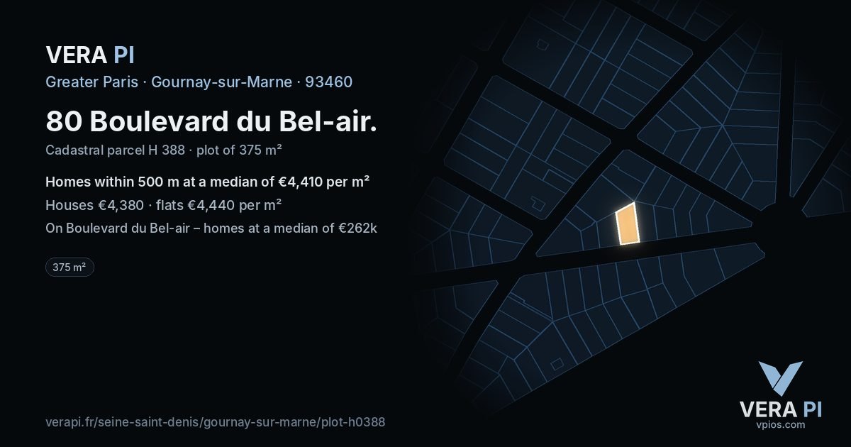 80 Boulevard du Bel-air, Gournay-sur-Marne at night – the plot lit, the parcels around coloured by the prices near them