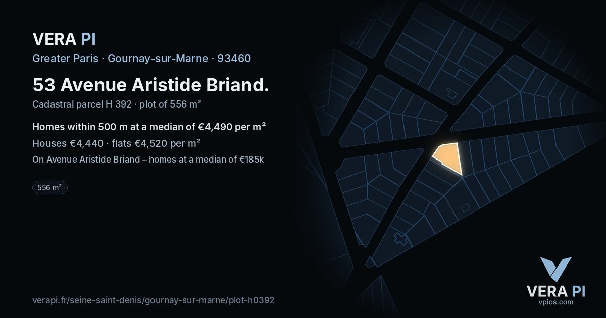 53 Avenue Aristide Briand, Gournay-sur-Marne at night – the plot lit, the parcels around coloured by the prices near them
