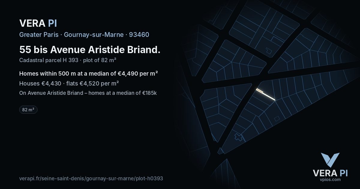 55 bis Avenue Aristide Briand, Gournay-sur-Marne at night – the plot lit, the parcels around coloured by the prices near them