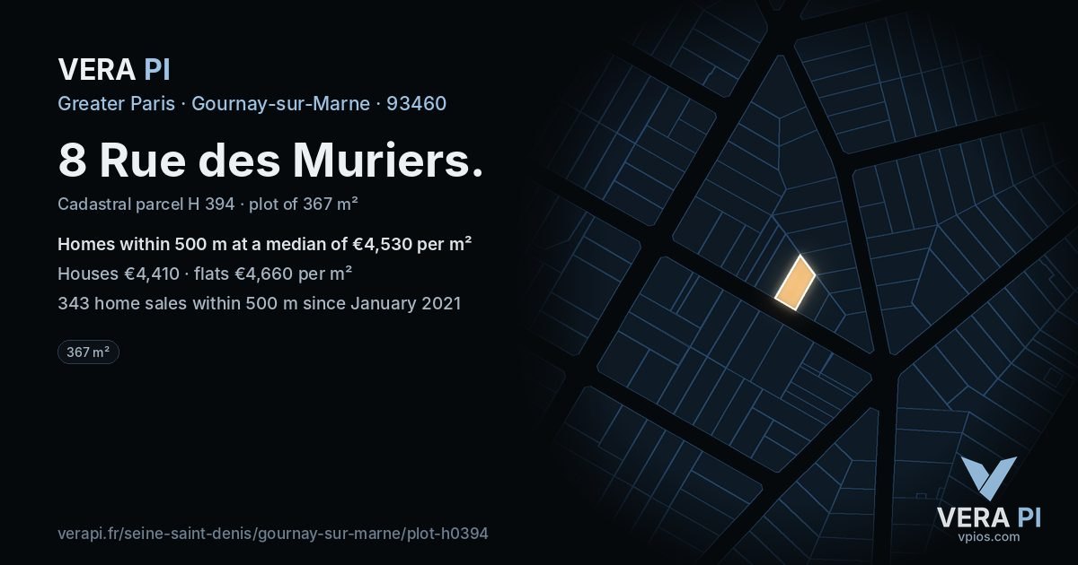 8 Rue des Muriers, Gournay-sur-Marne at night – the plot lit, the parcels around coloured by the prices near them