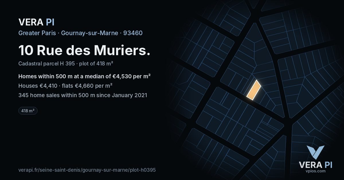 10 Rue des Muriers, Gournay-sur-Marne at night – the plot lit, the parcels around coloured by the prices near them