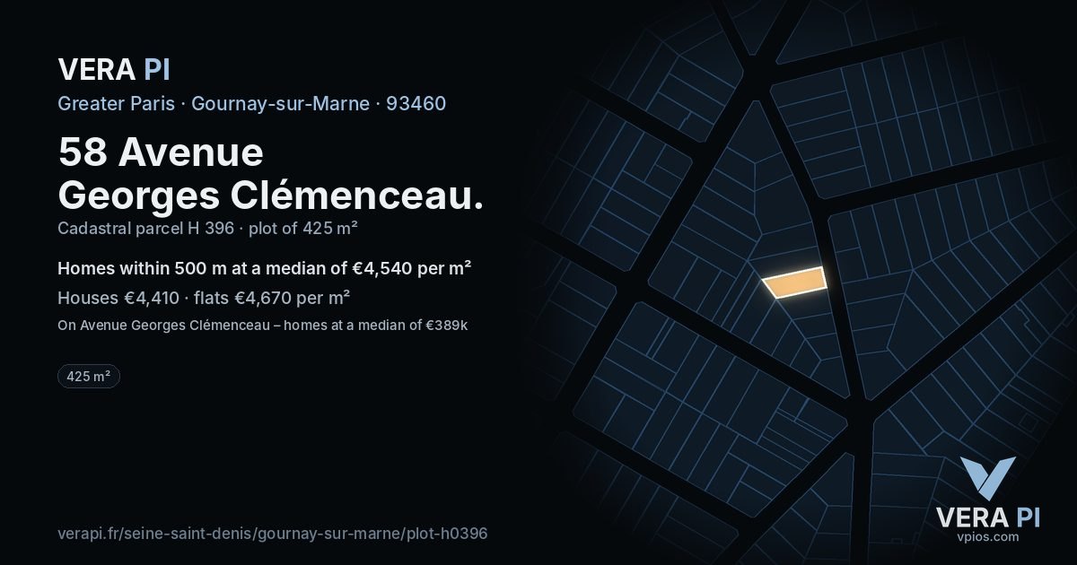 58 Avenue Georges Clémenceau, Gournay-sur-Marne at night – the plot lit, the parcels around coloured by the prices near them