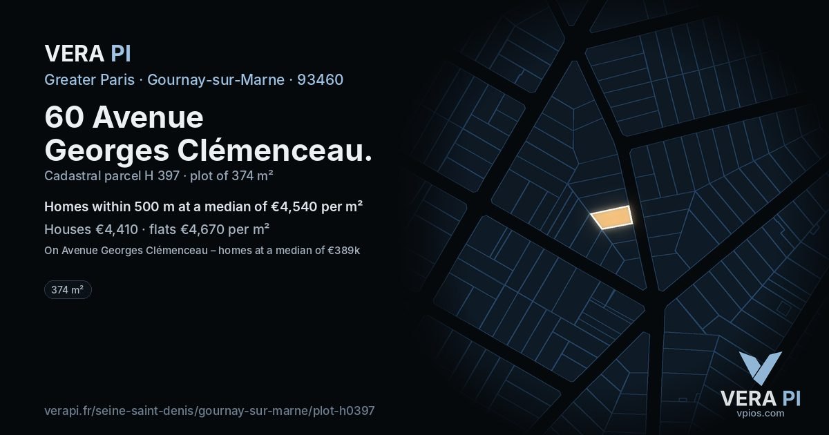 60 Avenue Georges Clémenceau, Gournay-sur-Marne at night – the plot lit, the parcels around coloured by the prices near them