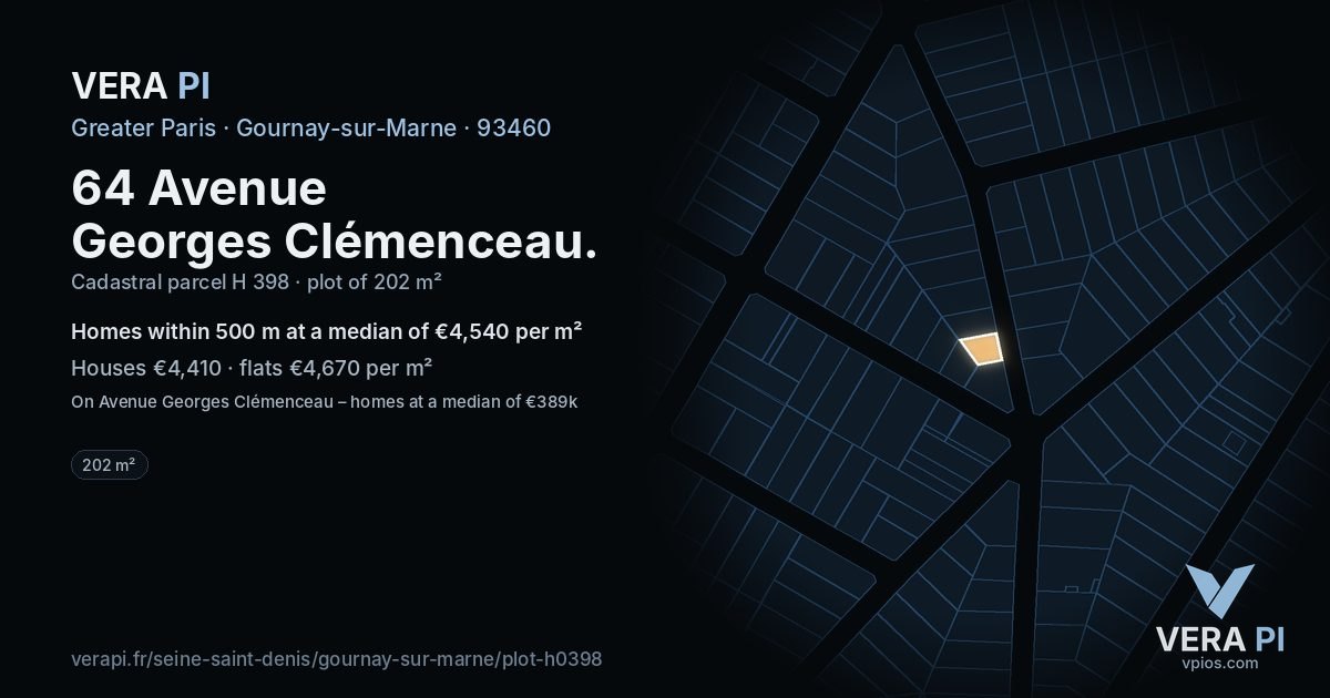 64 Avenue Georges Clémenceau, Gournay-sur-Marne at night – the plot lit, the parcels around coloured by the prices near them