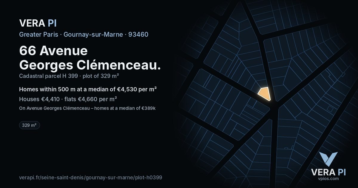 66 Avenue Georges Clémenceau, Gournay-sur-Marne at night – the plot lit, the parcels around coloured by the prices near them