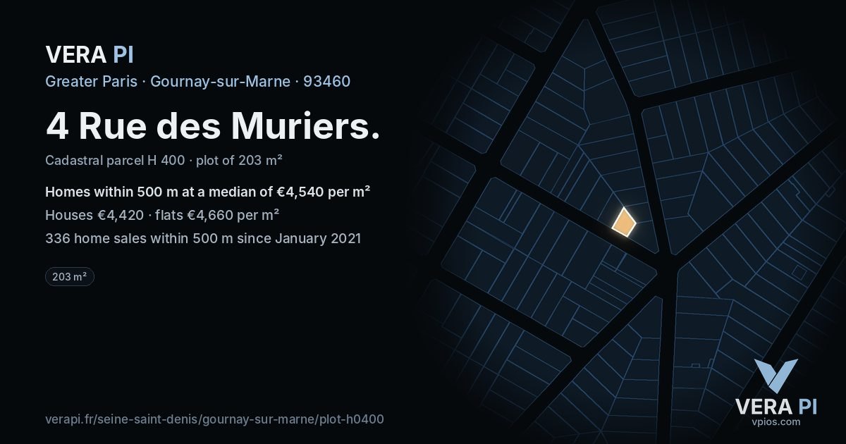 4 Rue des Muriers, Gournay-sur-Marne at night – the plot lit, the parcels around coloured by the prices near them