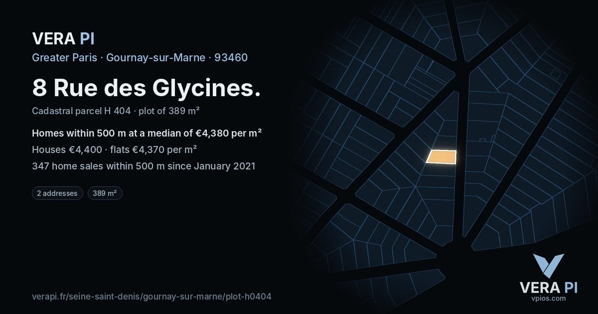 8 Rue des Glycines, Gournay-sur-Marne at night – the plot lit, the parcels around coloured by the prices near them