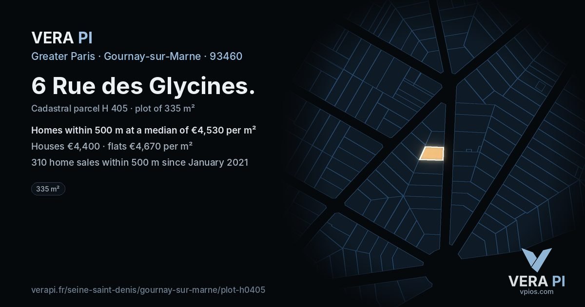 6 Rue des Glycines, Gournay-sur-Marne at night – the plot lit, the parcels around coloured by the prices near them