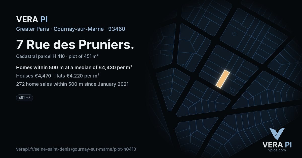 7 Rue des Pruniers, Gournay-sur-Marne at night – the plot lit, the parcels around coloured by the prices near them