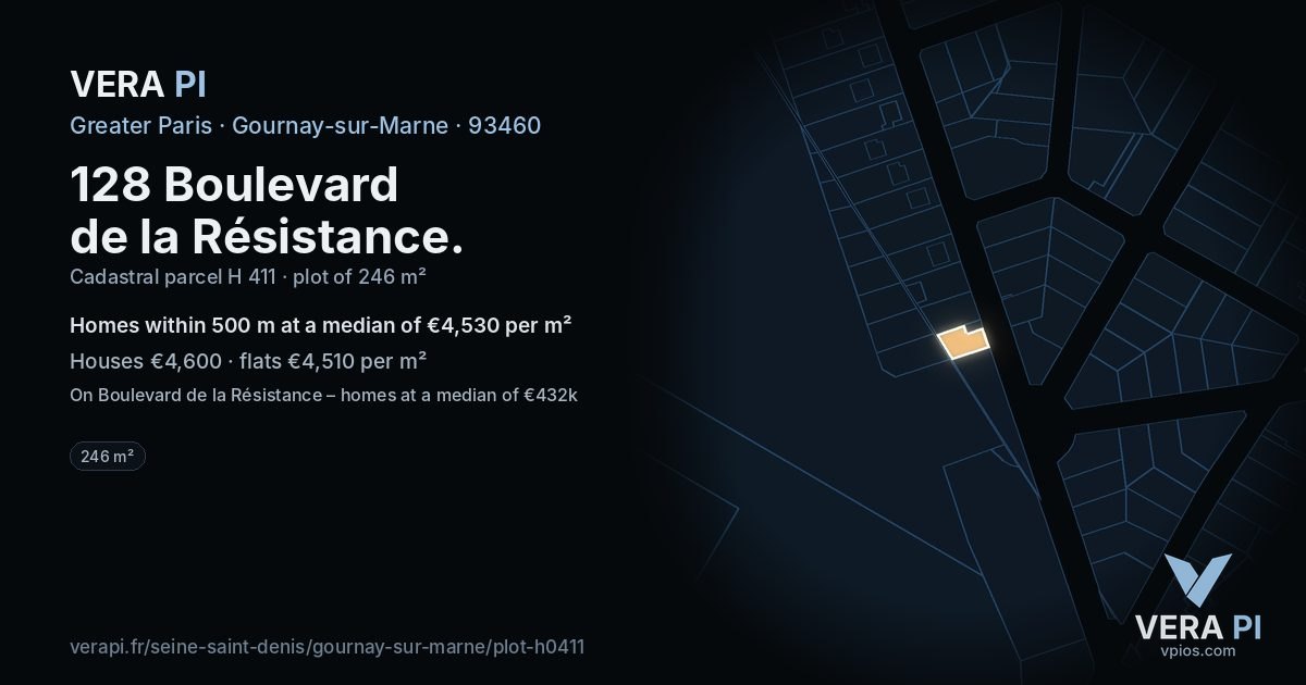 128 Boulevard de la Résistance, Gournay-sur-Marne at night – the plot lit, the parcels around coloured by the prices near them