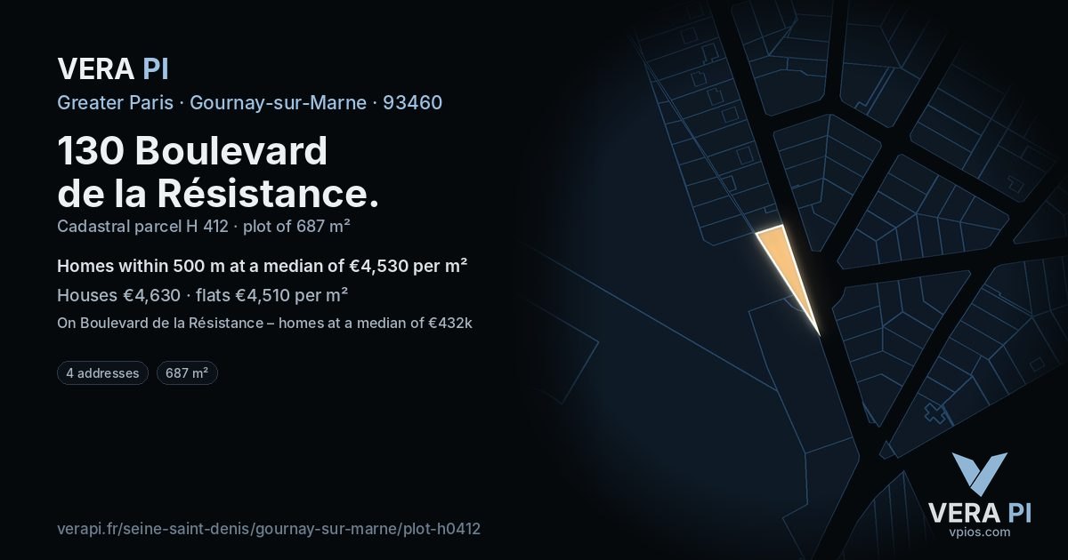 130 Boulevard de la Résistance, Gournay-sur-Marne at night – the plot lit, the parcels around coloured by the prices near them