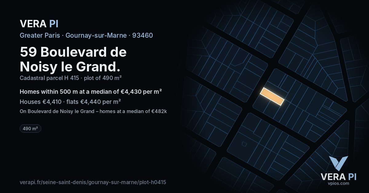 59 Boulevard de Noisy le Grand, Gournay-sur-Marne at night – the plot lit, the parcels around coloured by the prices near them