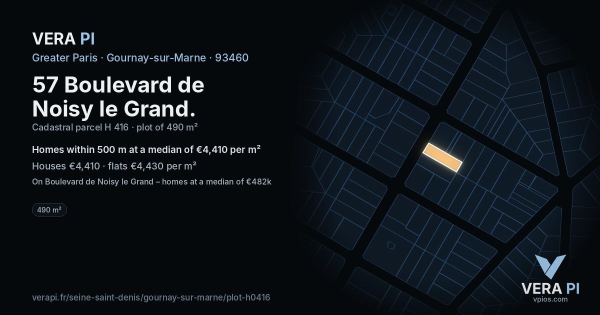 57 Boulevard de Noisy le Grand, Gournay-sur-Marne at night – the plot lit, the parcels around coloured by the prices near them