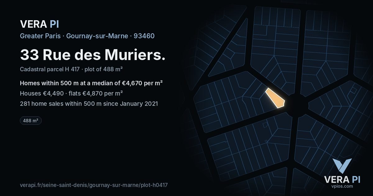 33 Rue des Muriers, Gournay-sur-Marne at night – the plot lit, the parcels around coloured by the prices near them