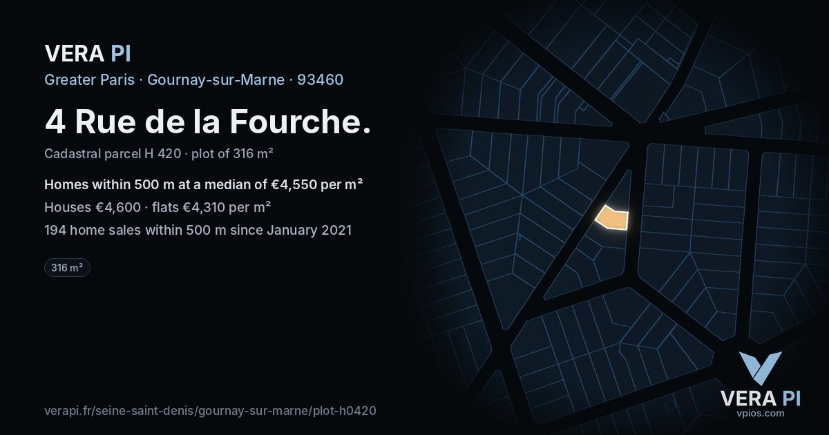 4 Rue de la Fourche, Gournay-sur-Marne at night – the plot lit, the parcels around coloured by the prices near them